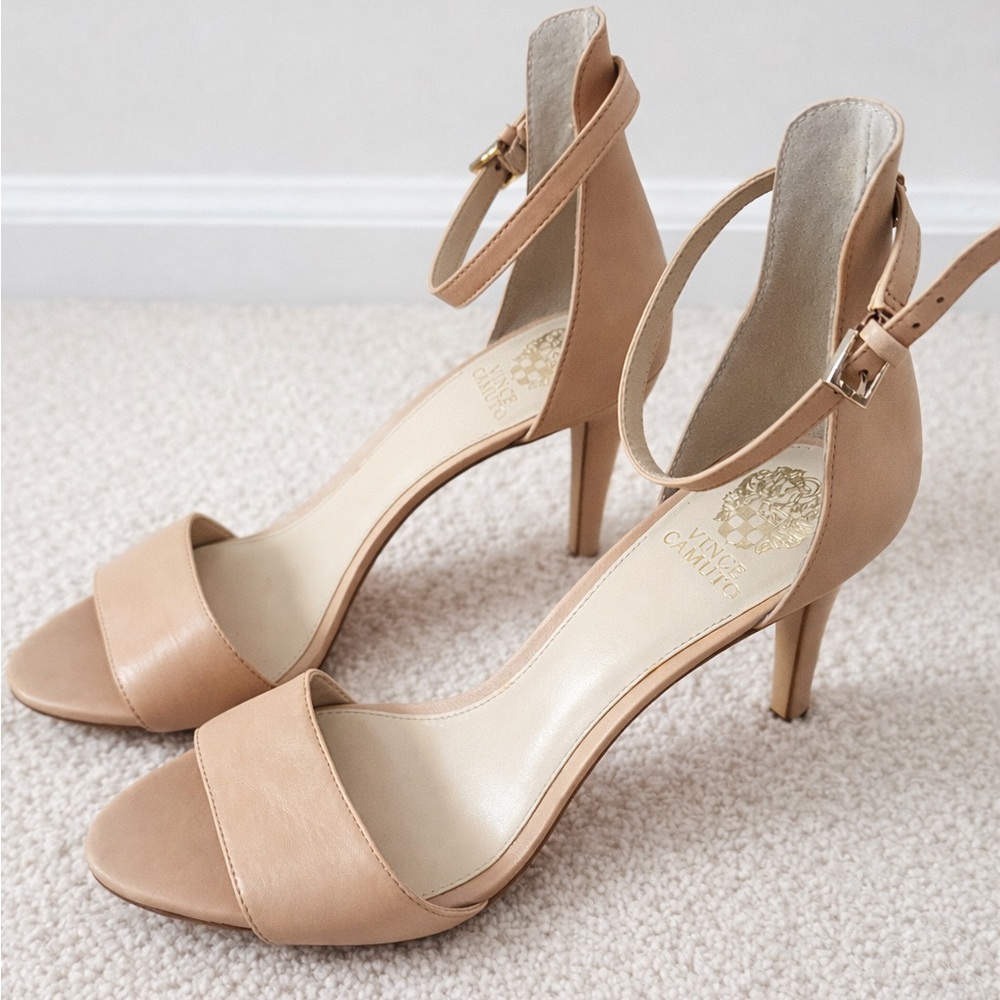 Vince Camuto Beige Tan Ankle Strap Leather Heels